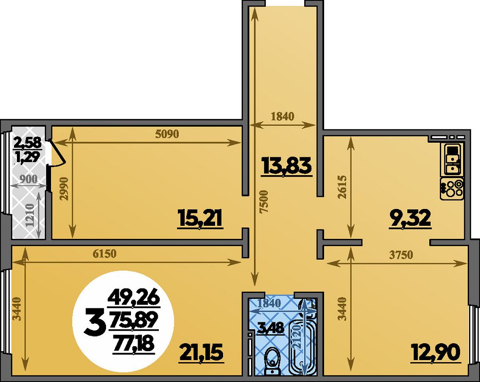 Планировка: 3-комнатная · 77,18 м²