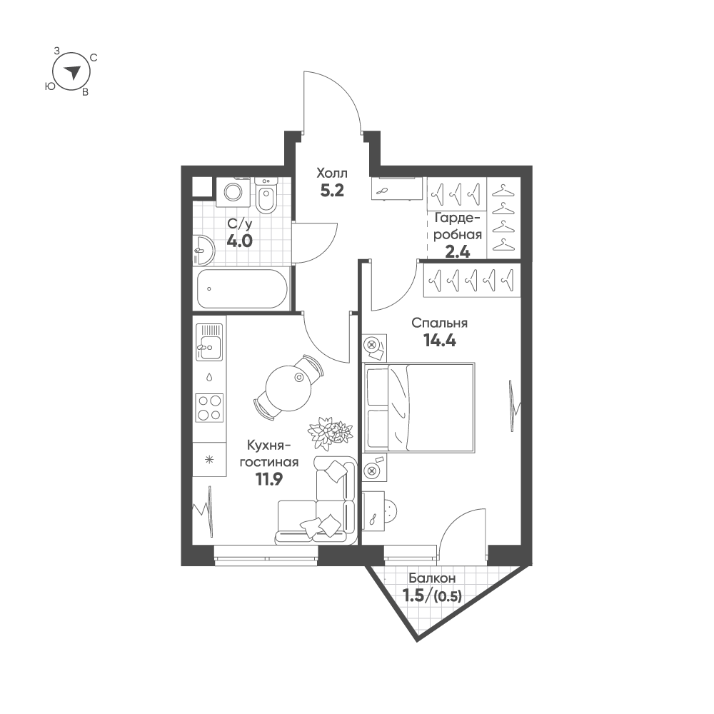 Планировка: 1-комнатная · 38,4 м²