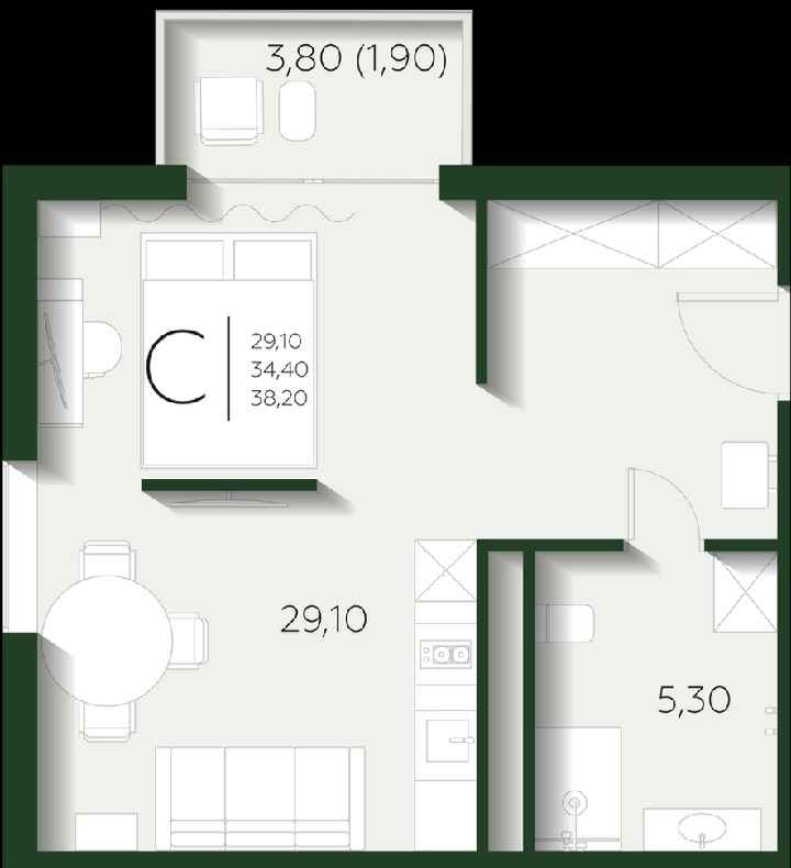 Планировка: Студия · 38,2 м²