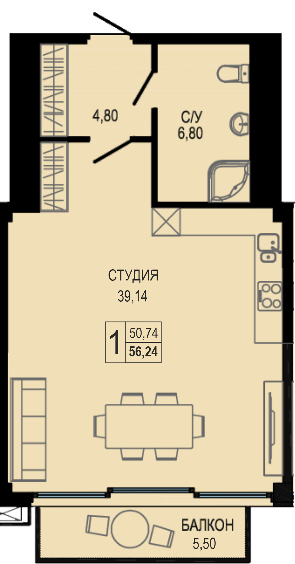 Планировка: Апартаменты · 56,6 м²