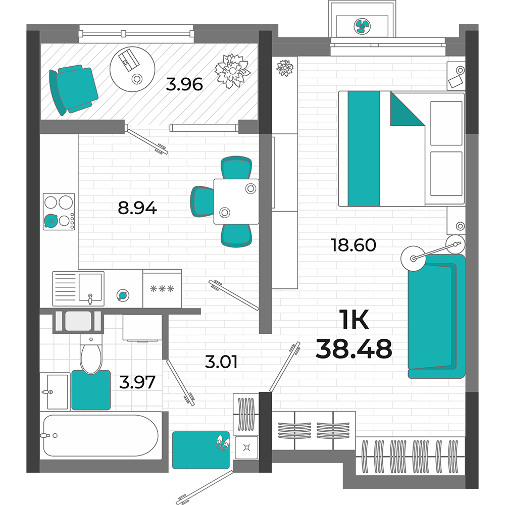 Планировка: 1-комнатная · 38,48 м²