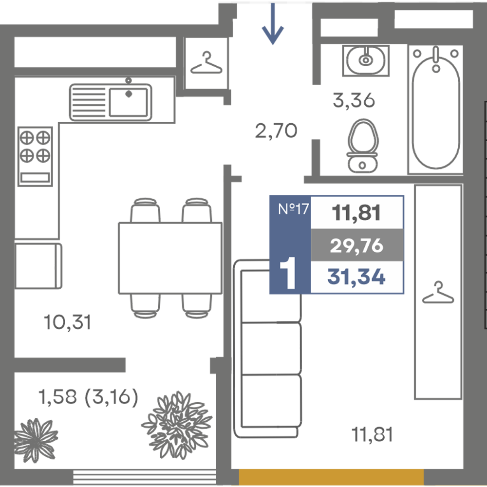 Планировка: 1-комнатная · 29,76 м²