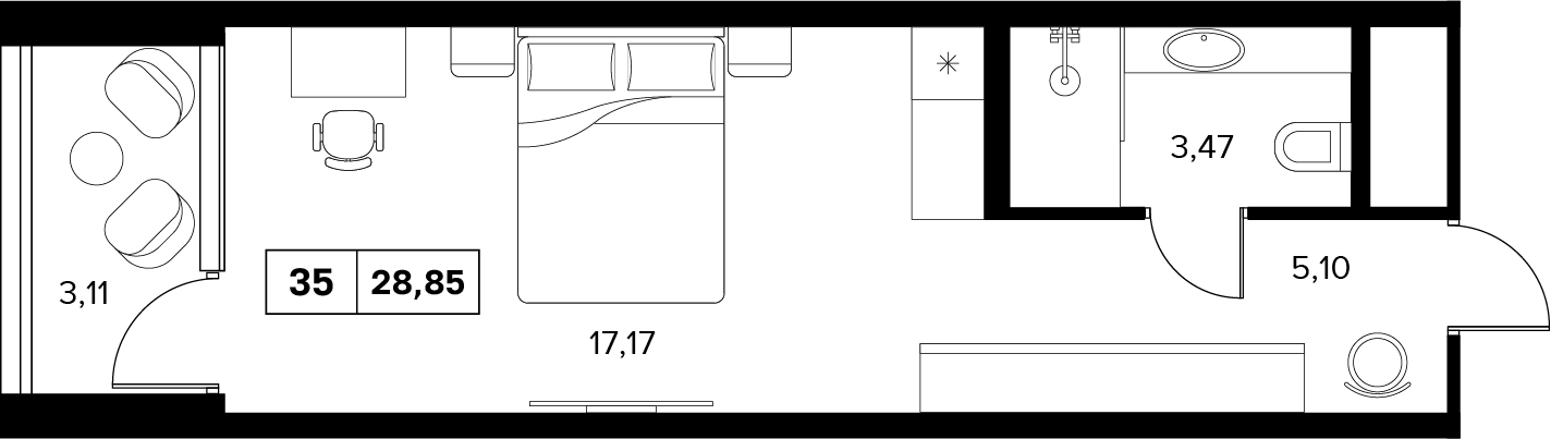 Планировка: 1-комнатная · 28,85 м²