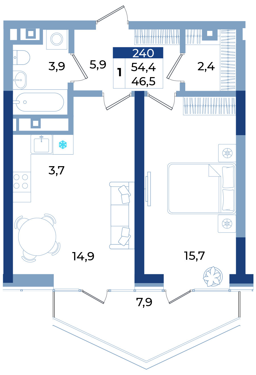 Планировка: 1-комнатная · 54,4 м²