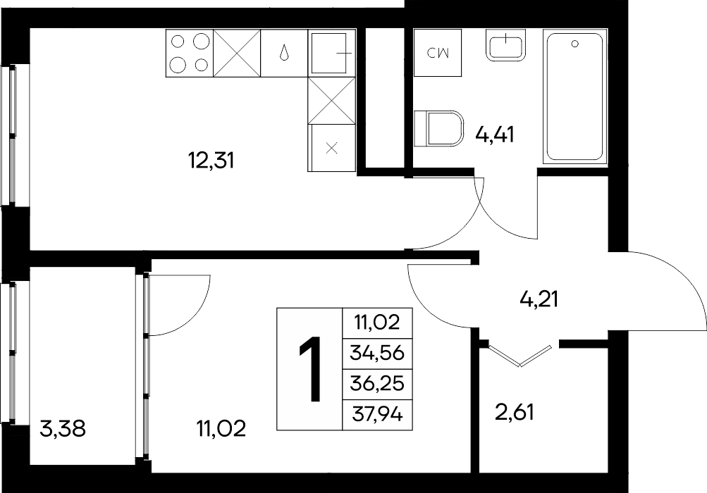 Планировка: 1-комнатная · 37,94 м²