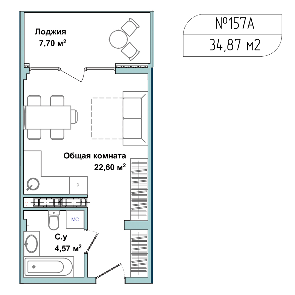 Планировка: Студия · 33,8 м²