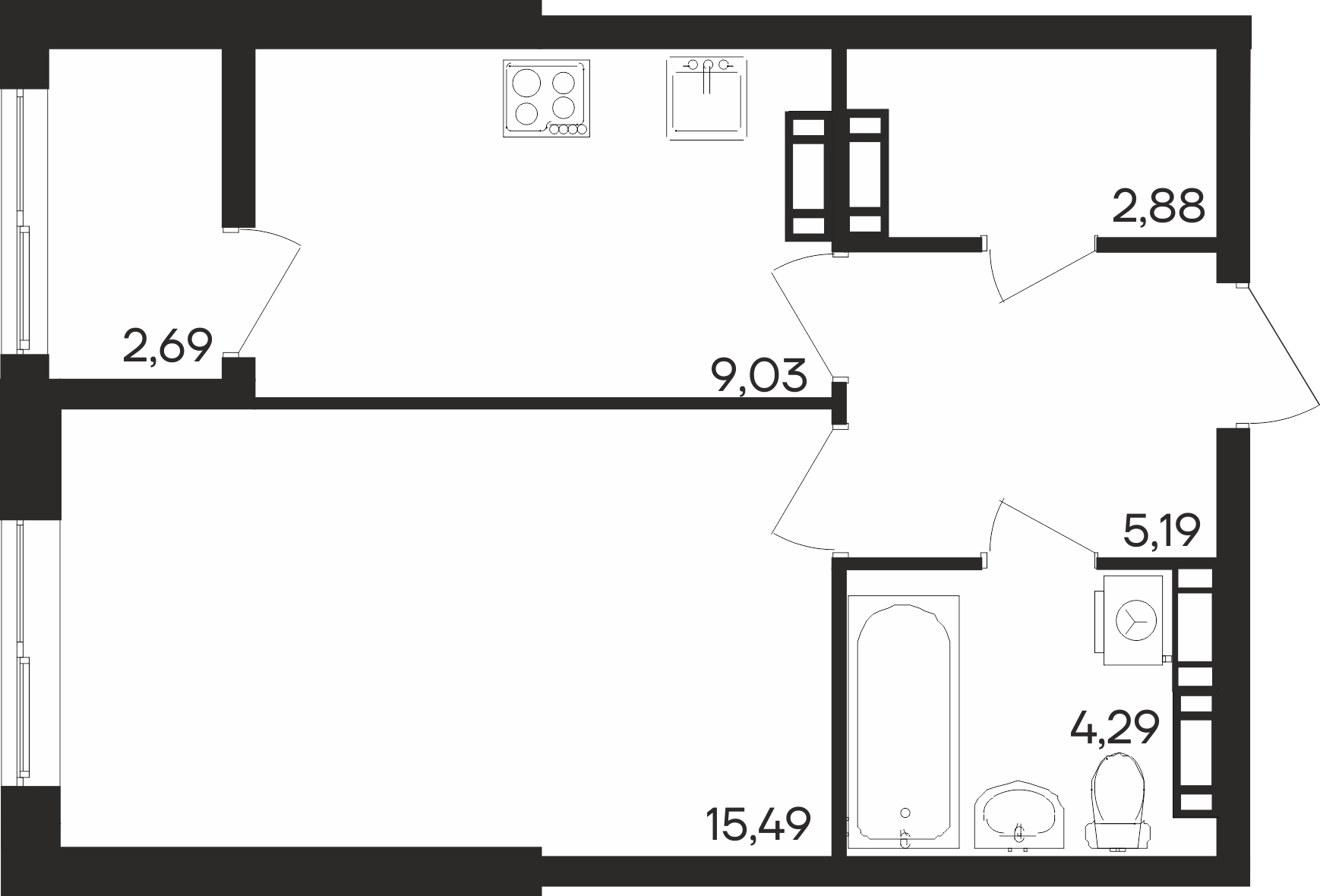 Планировка: 1-комнатная · 39,57 м²