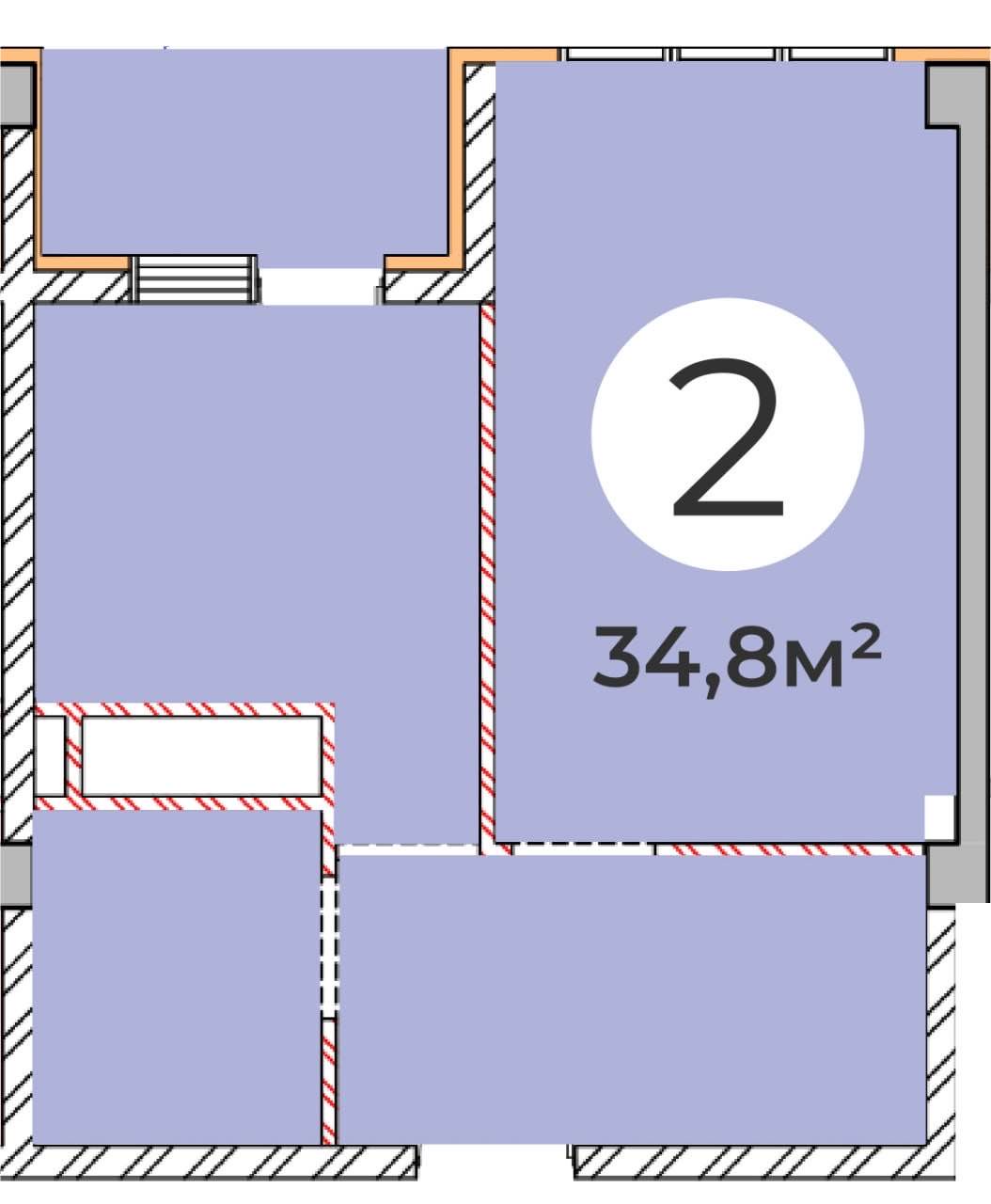 Планировка: 1-комнатная · 34,8 м²
