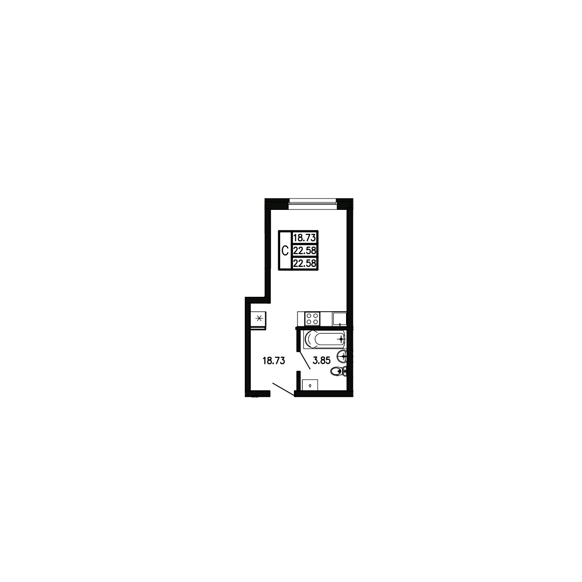 Планировка: Студия · 22,58 м²