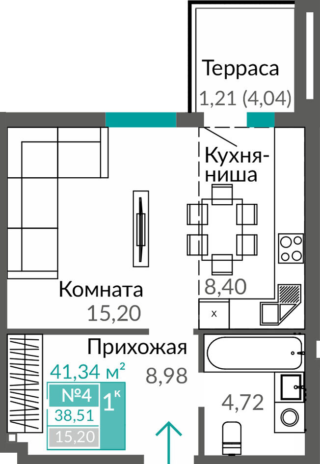 Планировка: 1-комнатная · 38,51 м²