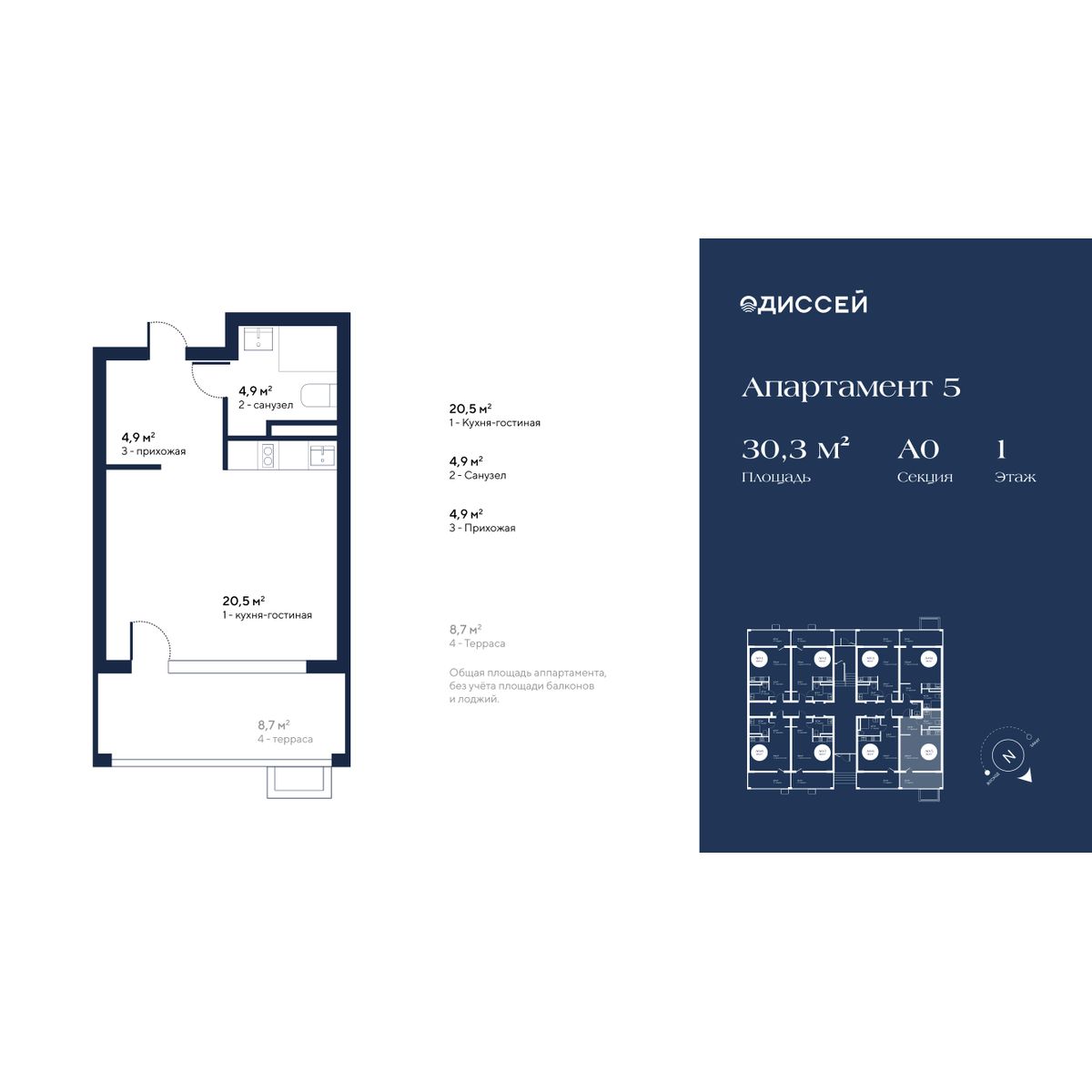 Планировка: Апартаменты · 30,3 м²