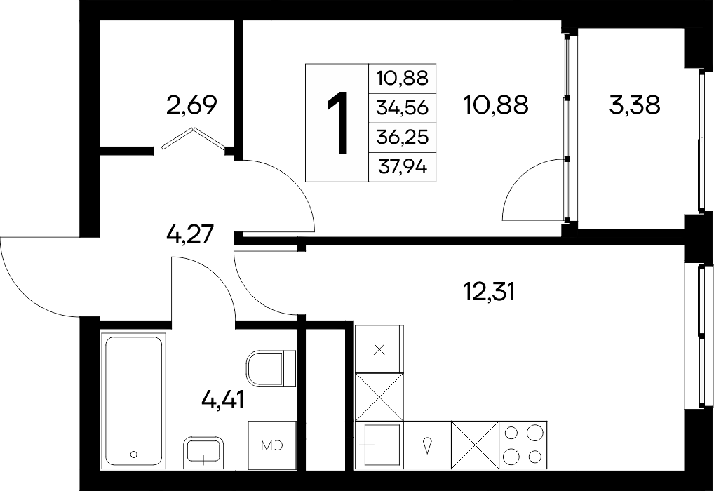 Планировка: 1-комнатная · 37,94 м²