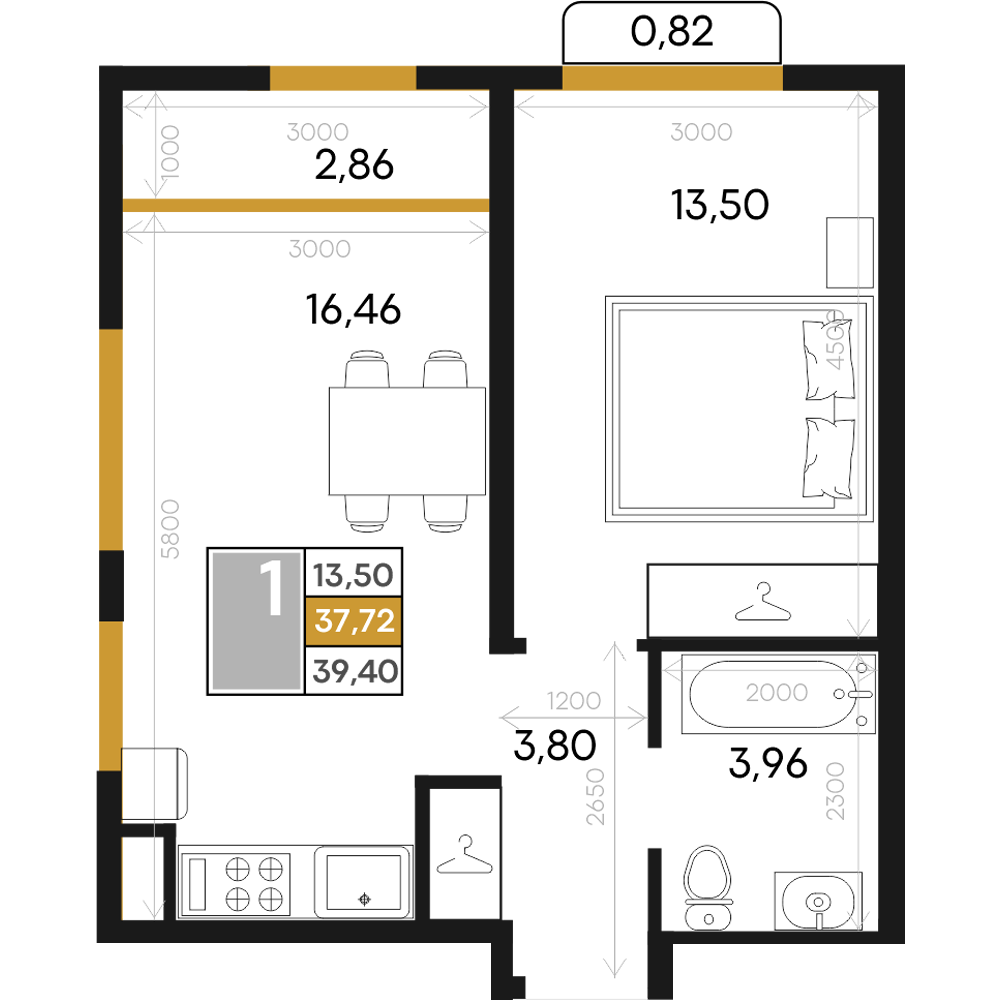 Планировка: 1-комнатная · 39,4 м²