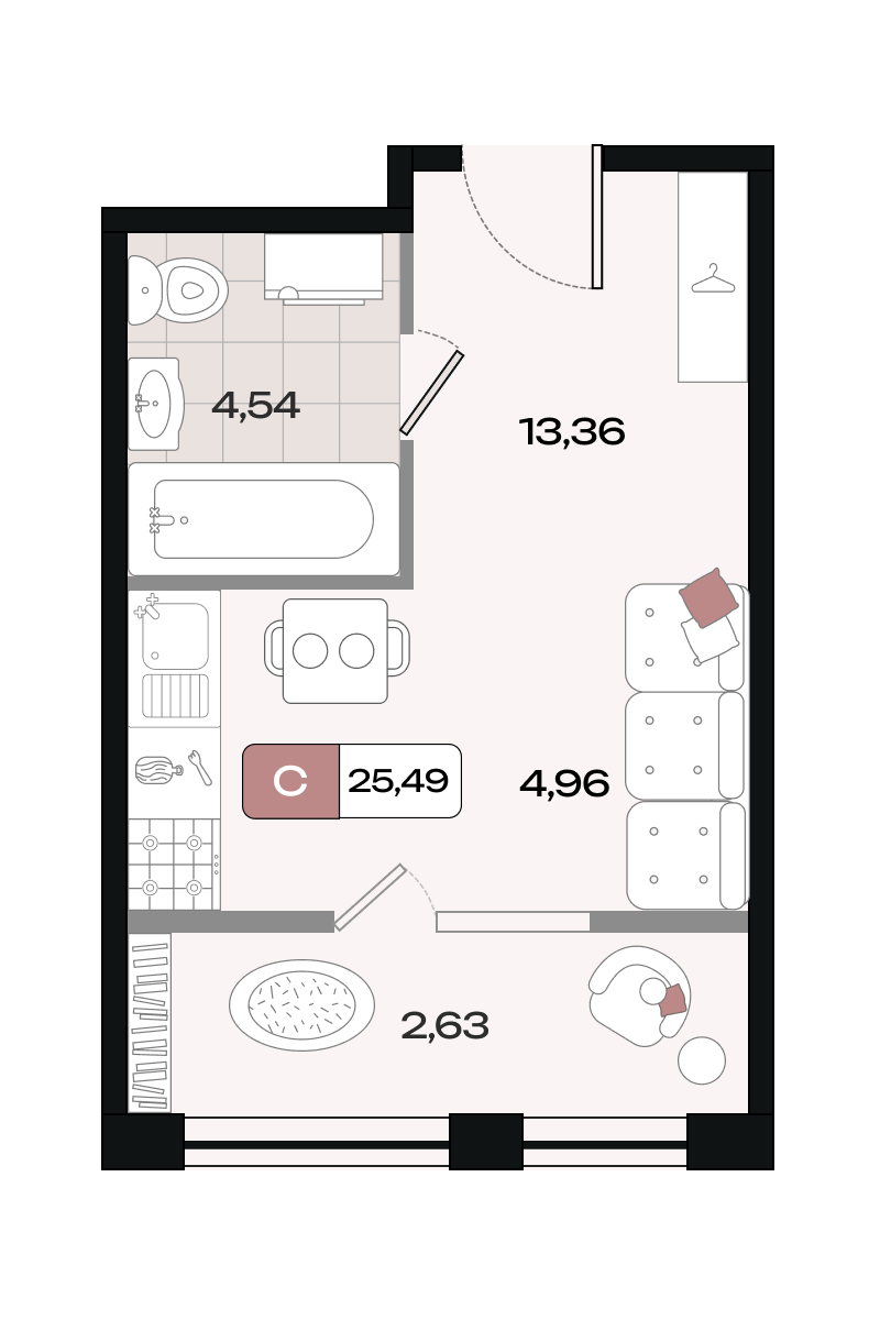 Планировка: Студия · 25,49 м²