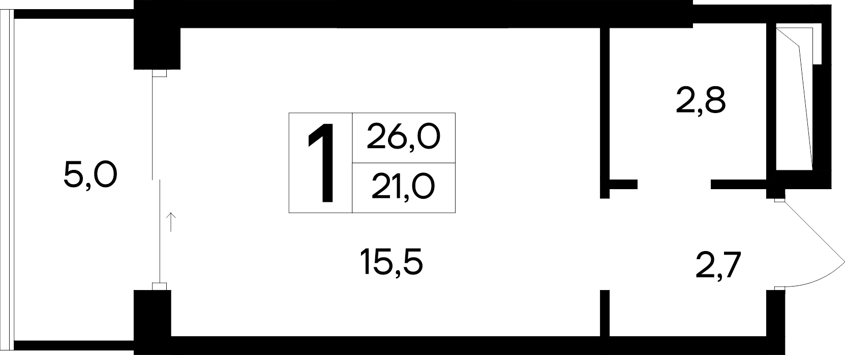 Планировка: 1-комнатная · 26 м²