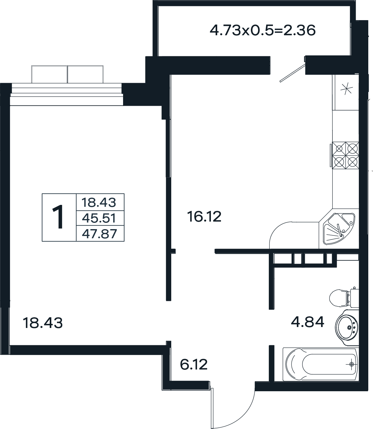 Планировка: 1-комнатная · 47,87 м²