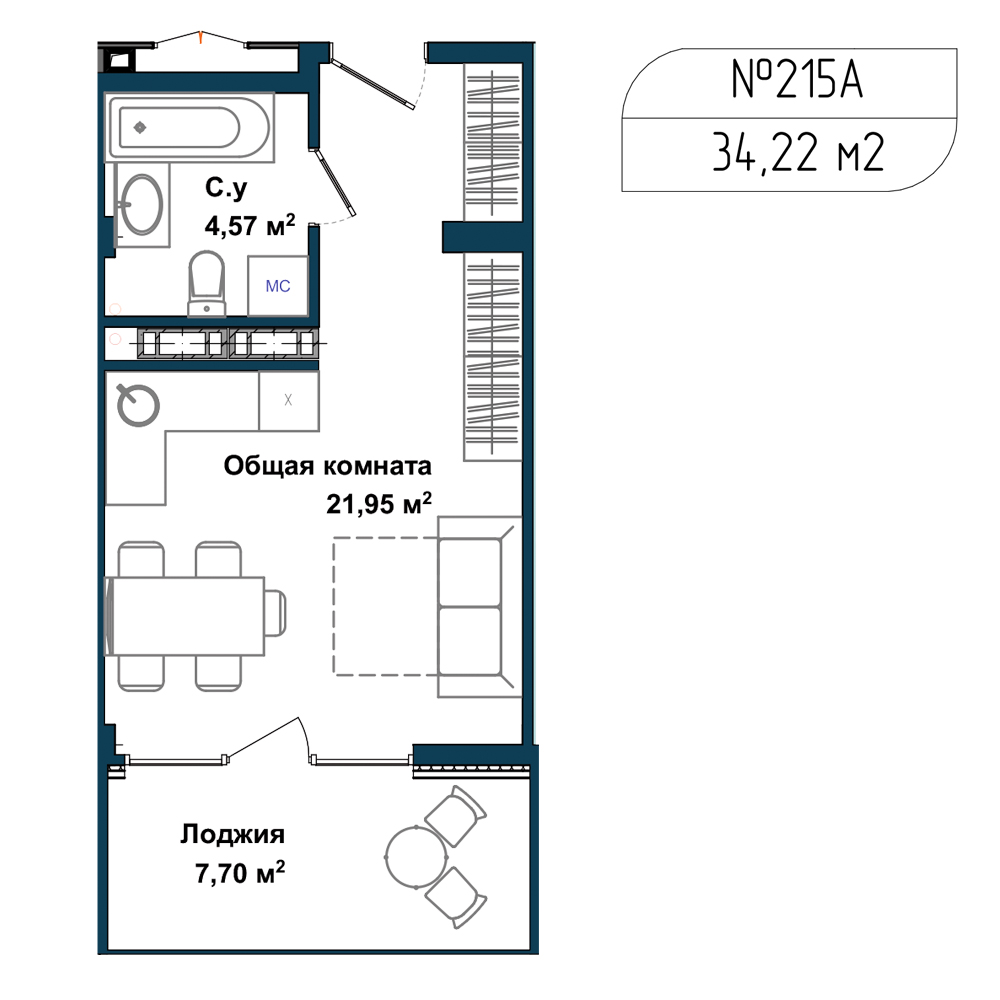 Планировка: Студия · 33,6 м²