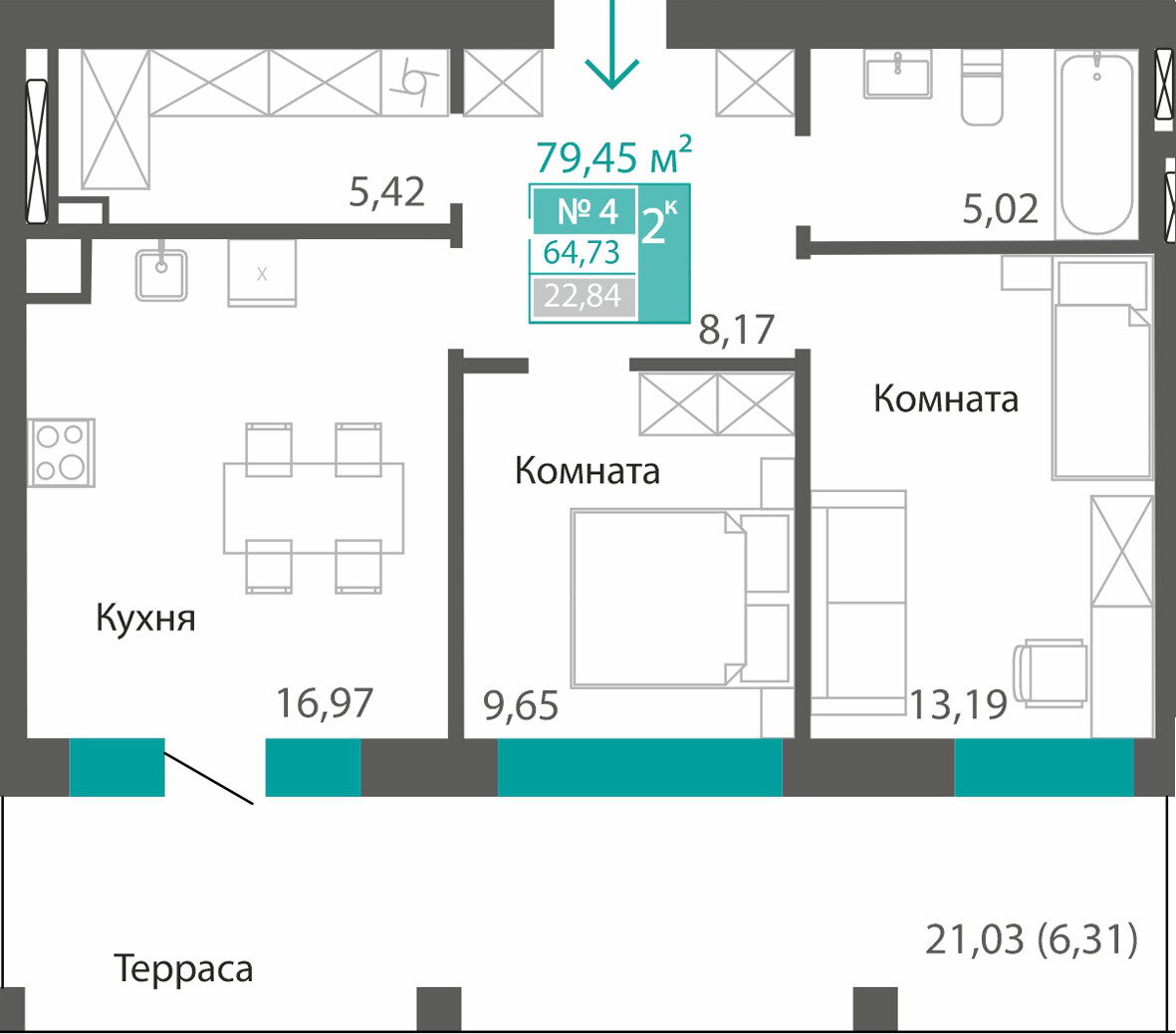 Планировка: 2-комнатная · 64,73 м²