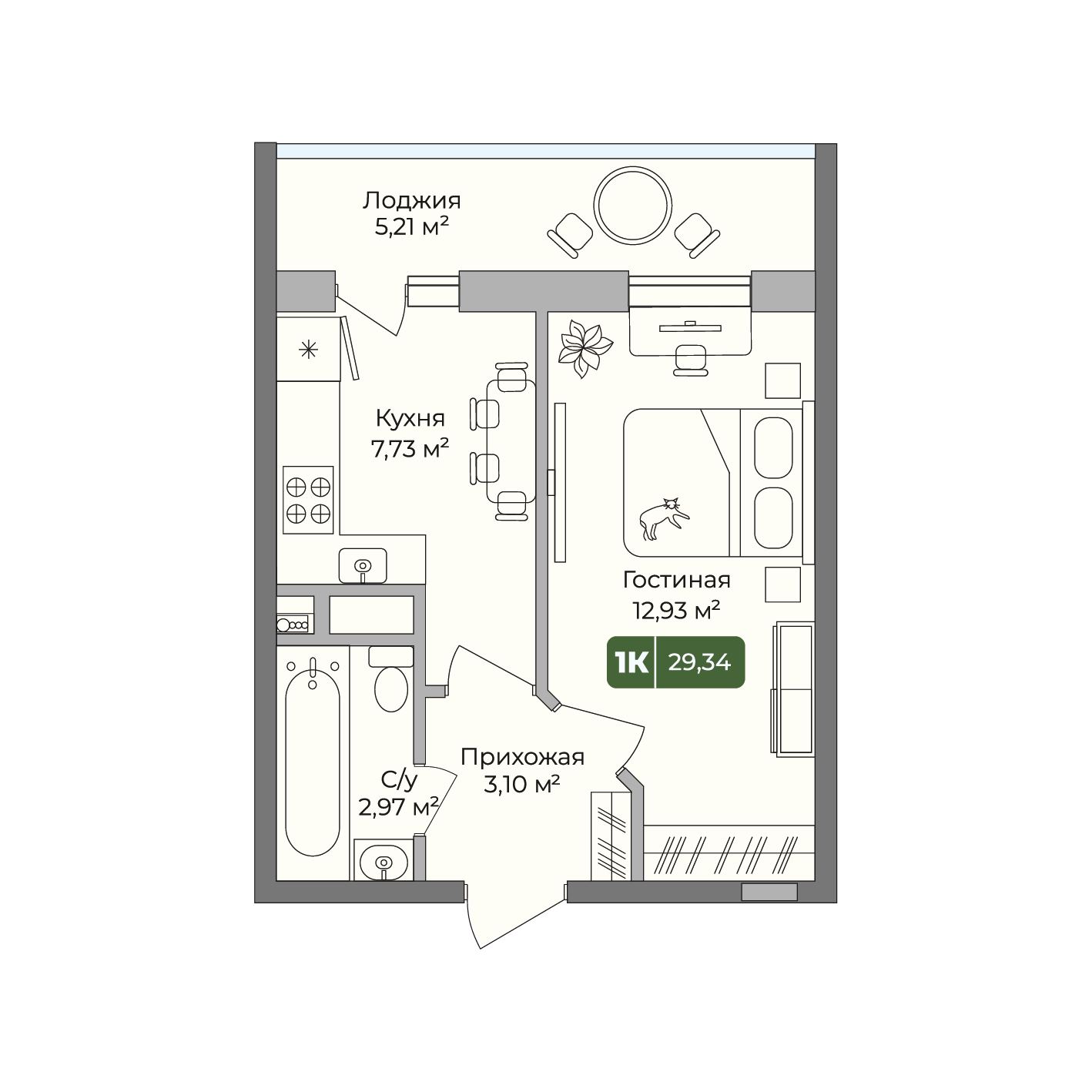 Планировка: 1-комнатная · 29,34 м²