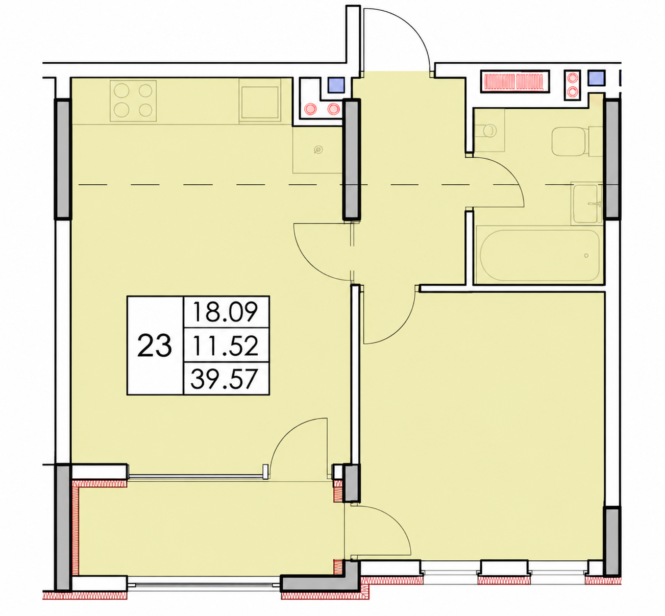 Планировка: Студия · 39,56 м²
