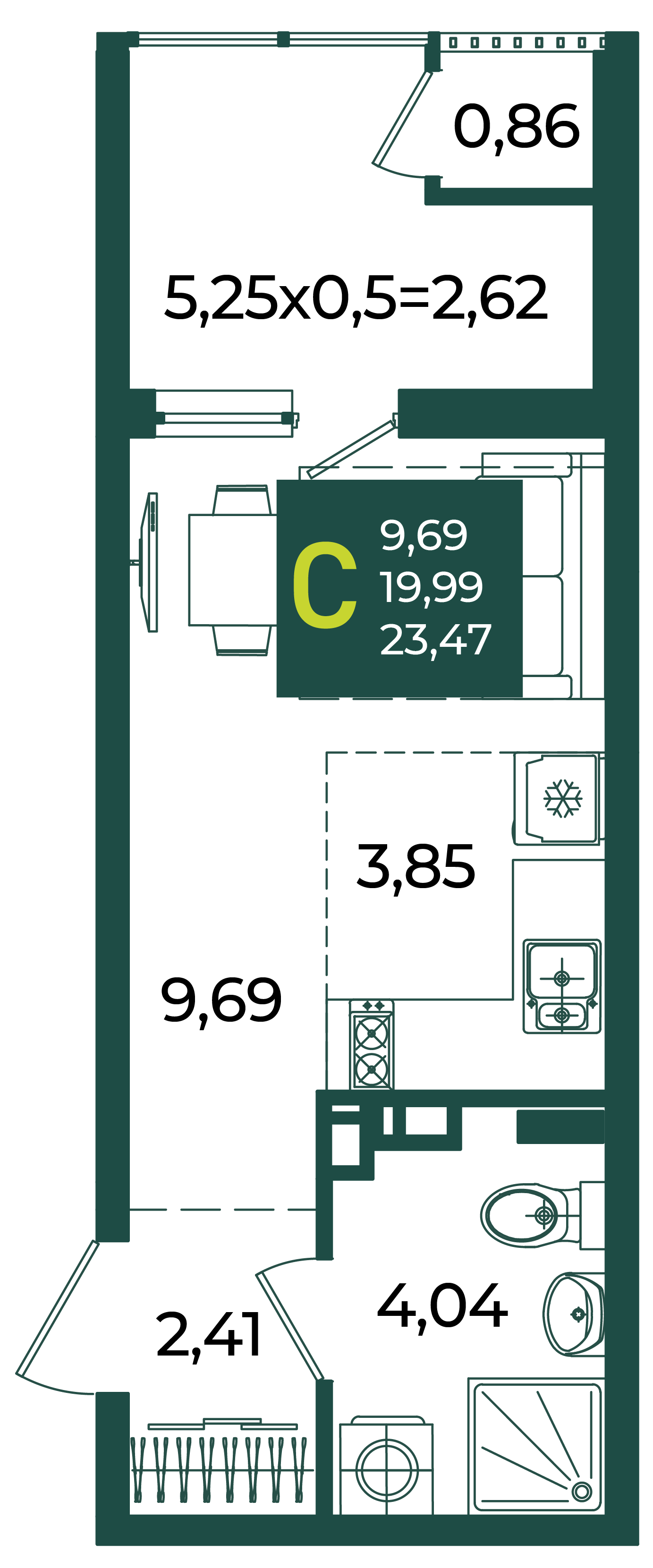Планировка: Студия · 23,47 м²