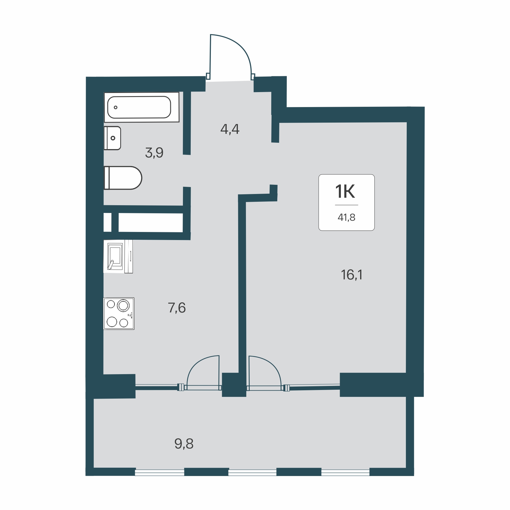 Планировка: 1-комнатная · 41,8 м²