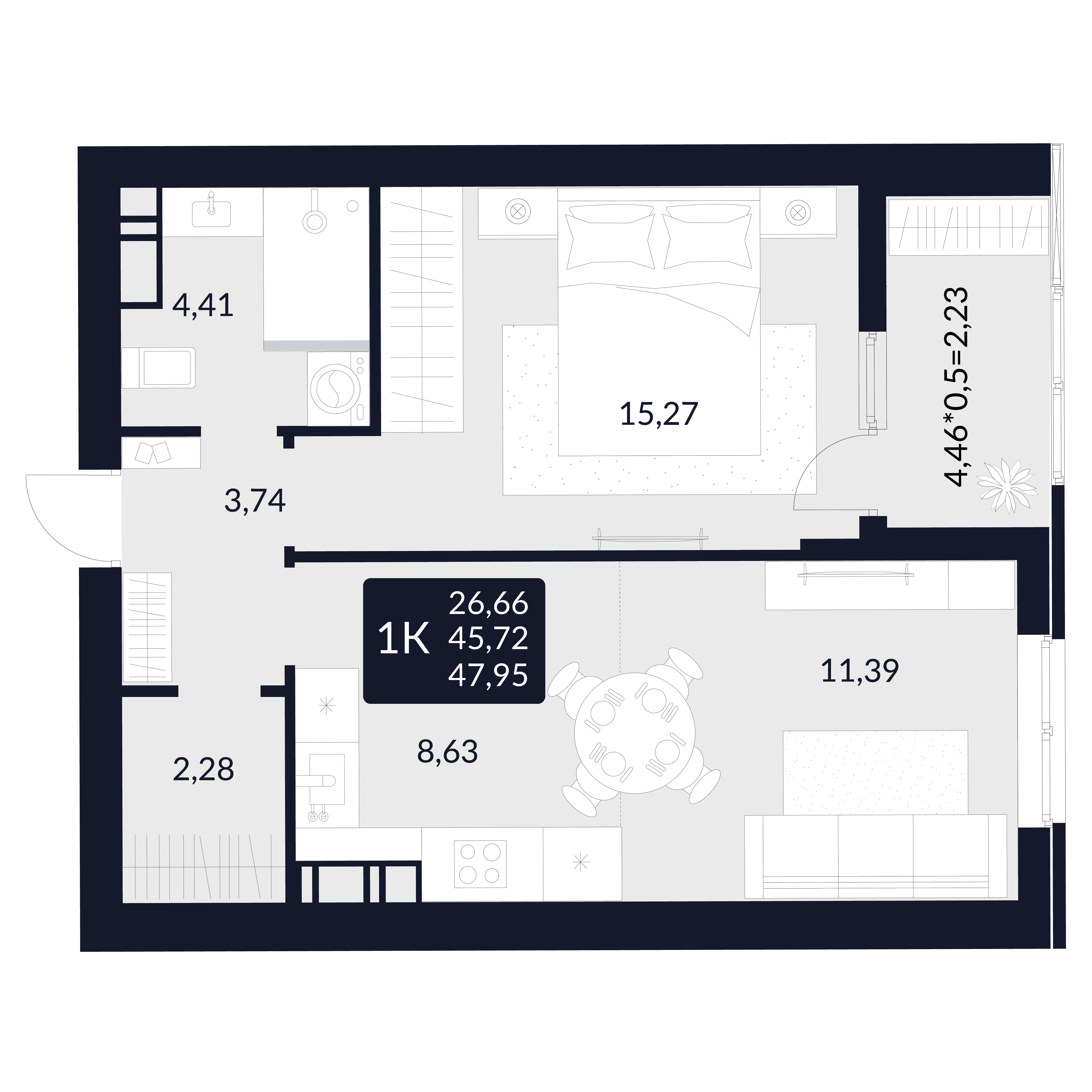 Планировка: 1-комнатная · 47,95 м²