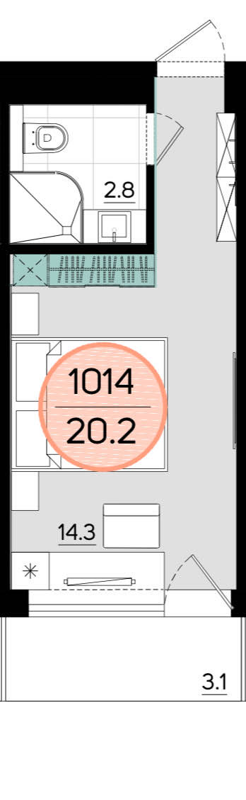 Планировка: 1-комнатная · 20,2 м²