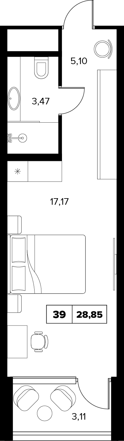 Планировка: 1-комнатная · 28,85 м²