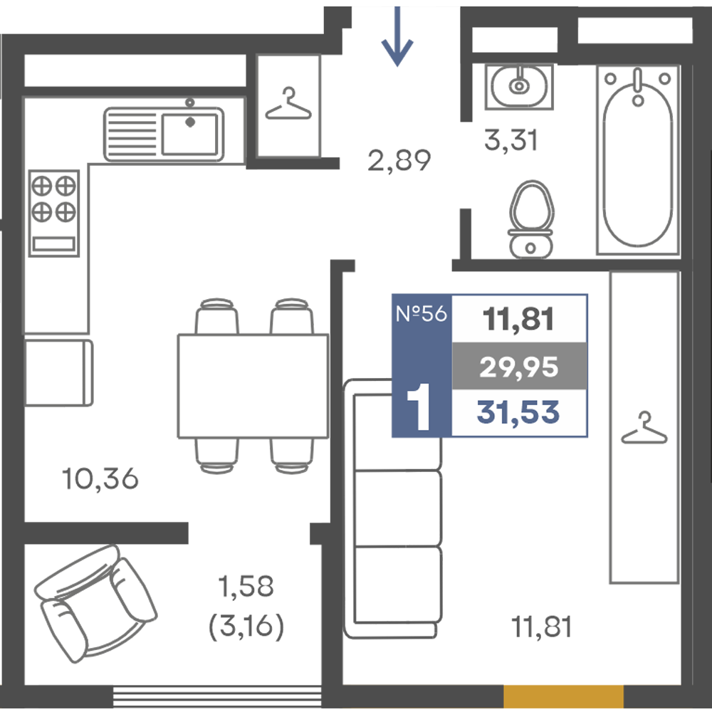 Планировка: 1-комнатная · 29,95 м²