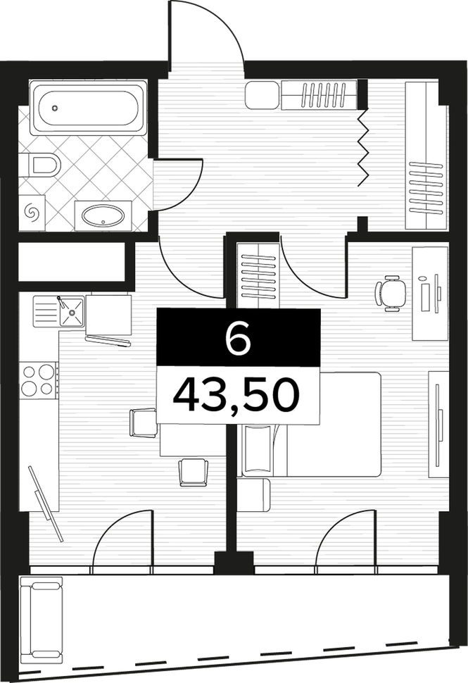 Планировка: 1-комнатная · 43,5 м²