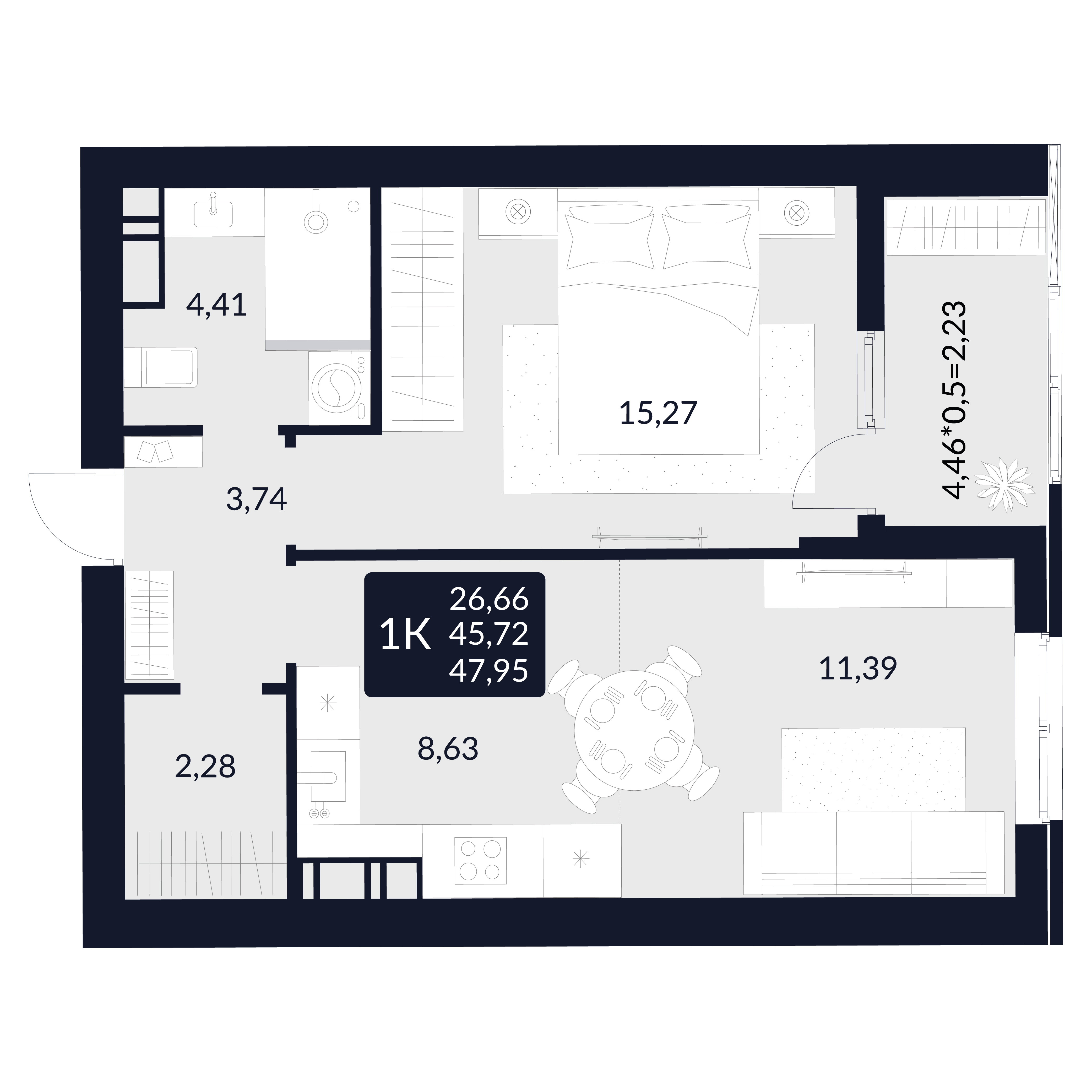 Планировка: 1-комнатная · 47,95 м²