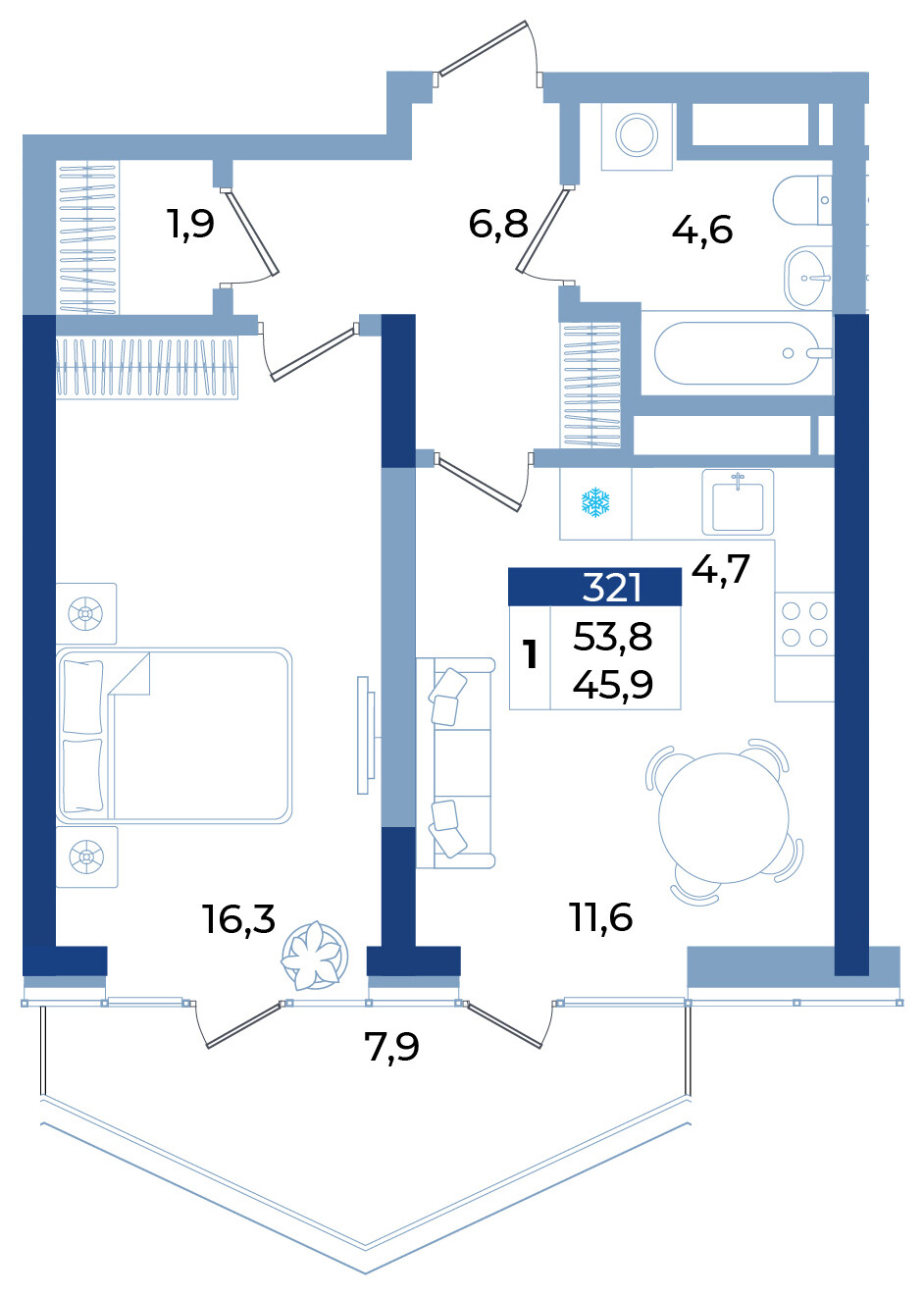 Планировка: 1-комнатная · 53,8 м²