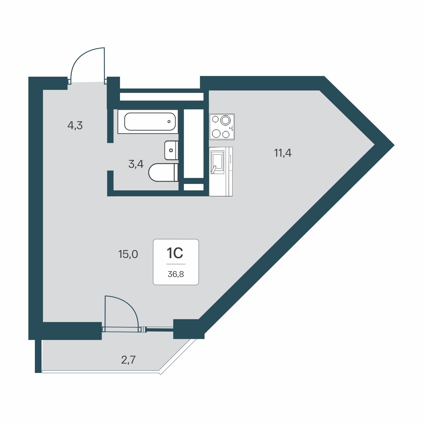Планировка: Студия · 36,8 м²