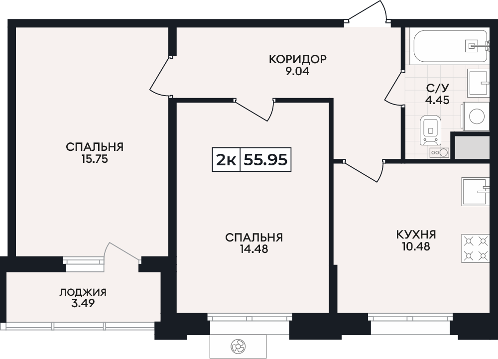 Планировка: 2-комнатная · 55,95 м²