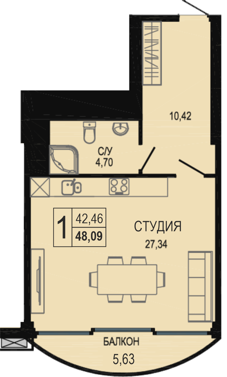 Планировка: Апартаменты · 47,6 м²