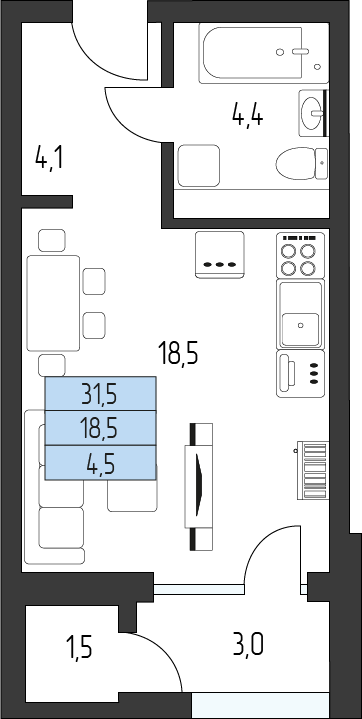 Планировка: Студия · 28,95 м²