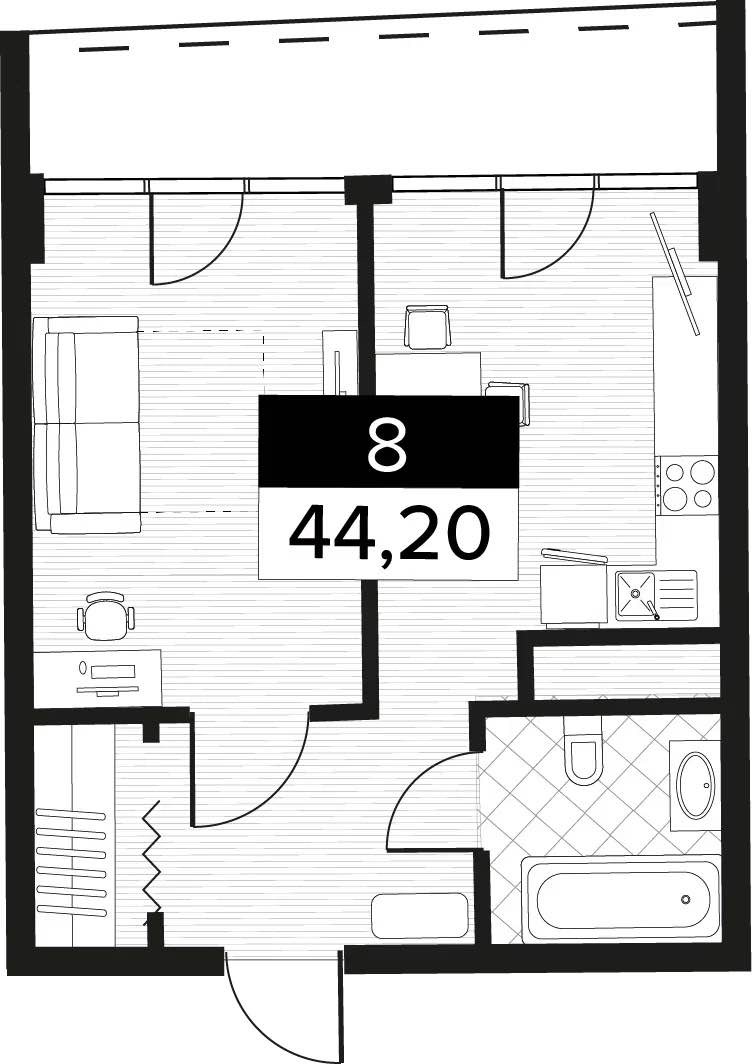Планировка: 1-комнатная · 44,2 м²
