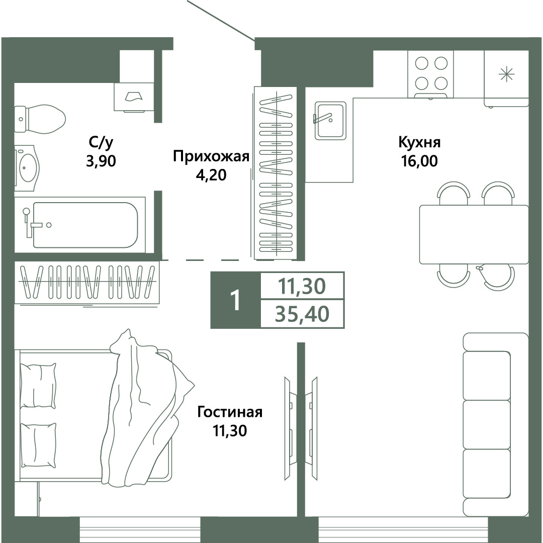 Планировка: 1-комнатная · 35,4 м²