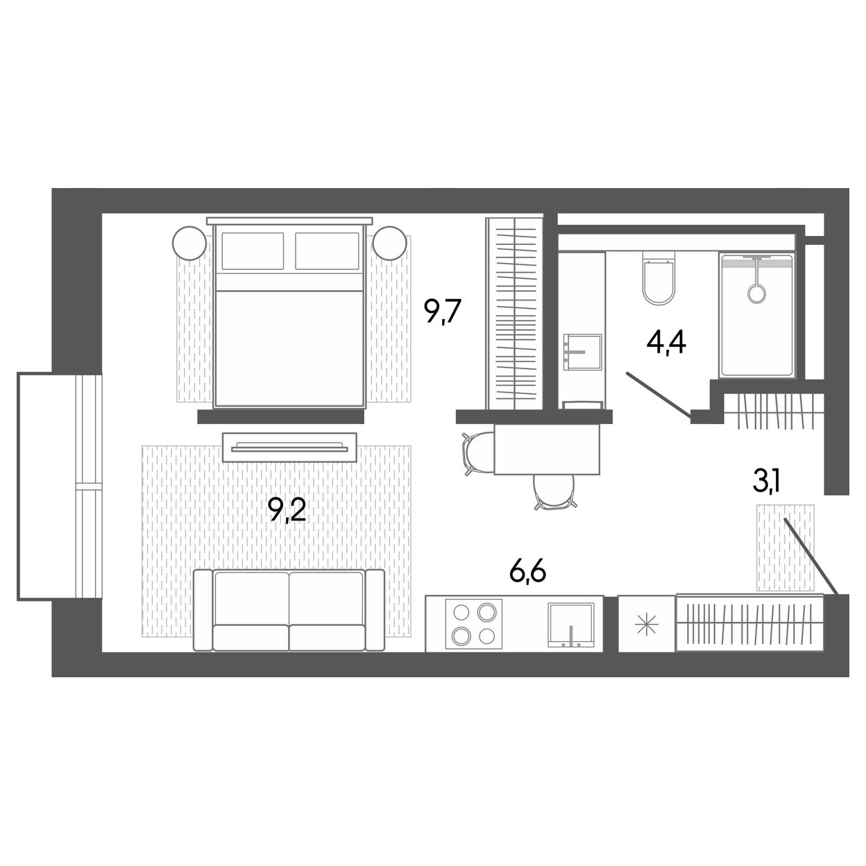 Планировка: Апартаменты · 33,13 м²