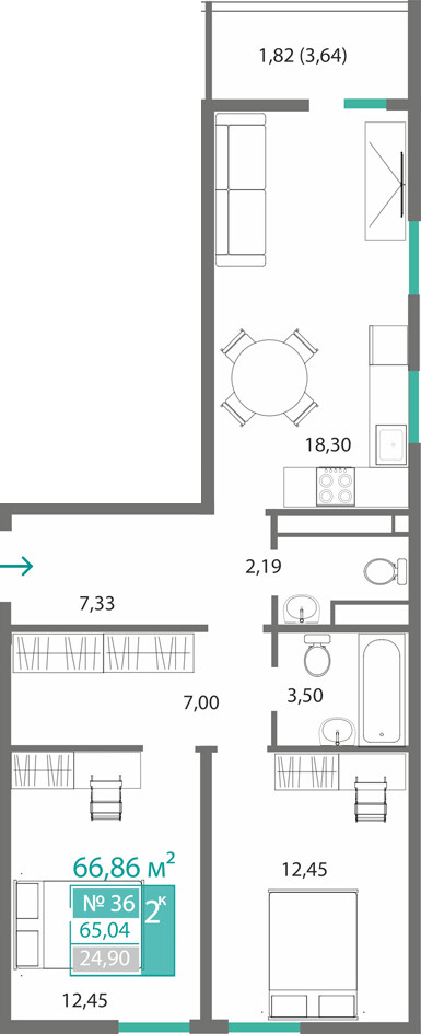 Планировка: 2-комнатная · 65,04 м²