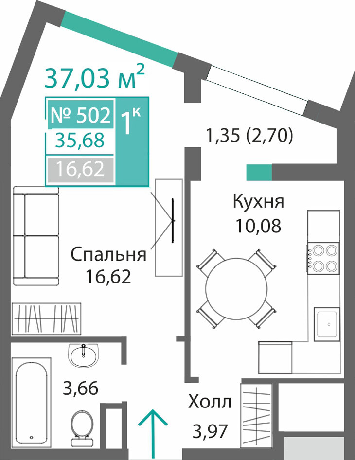 Планировка: 1-комнатная · 35,68 м²