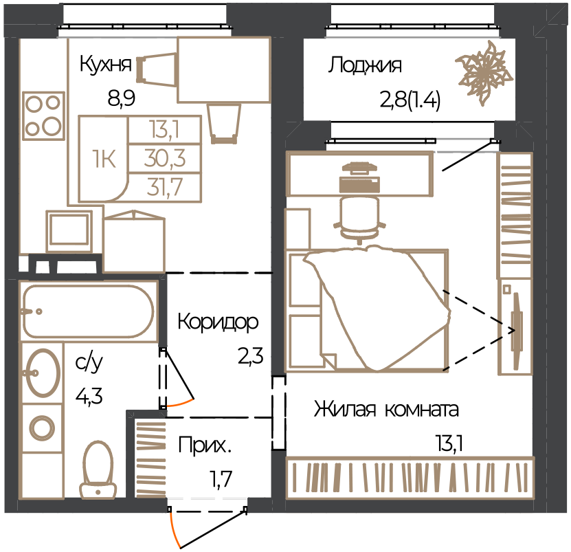 Планировка: 1-комнатная · 31,7 м²