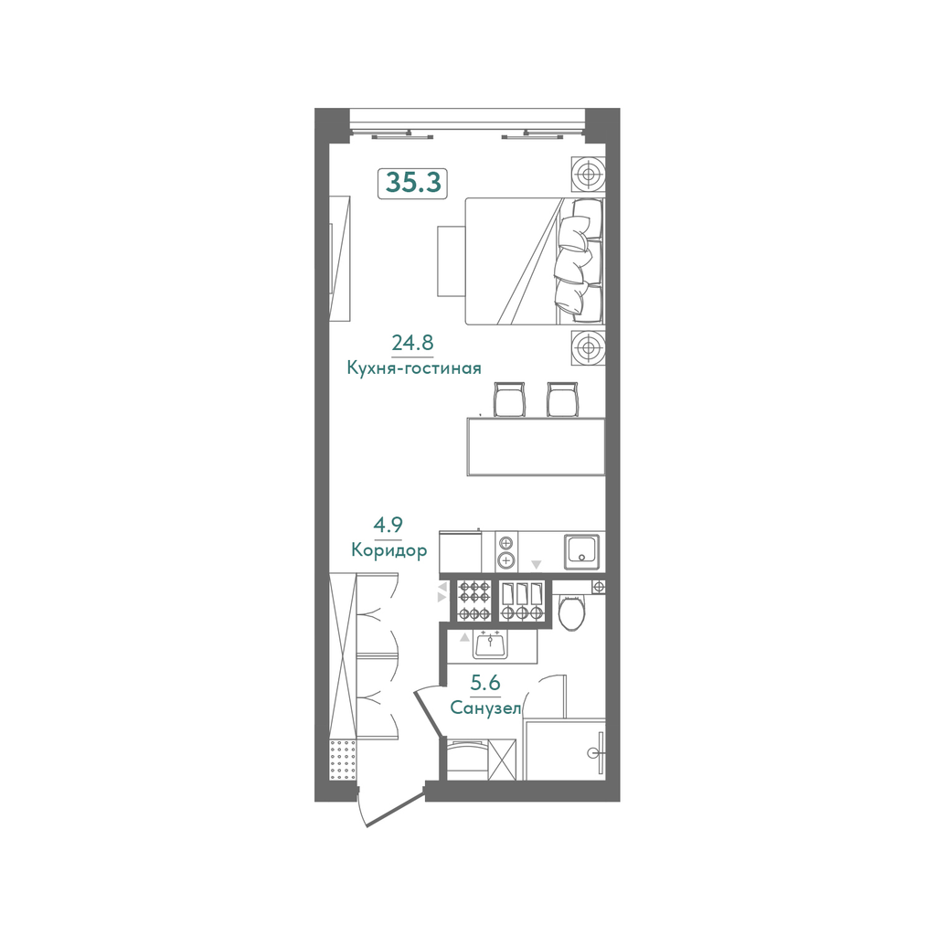 Планировка: Студия · 35,3 м²