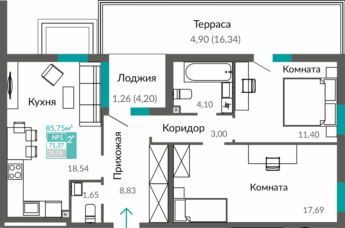 Планировка: 2-комнатная · 71,37 м²
