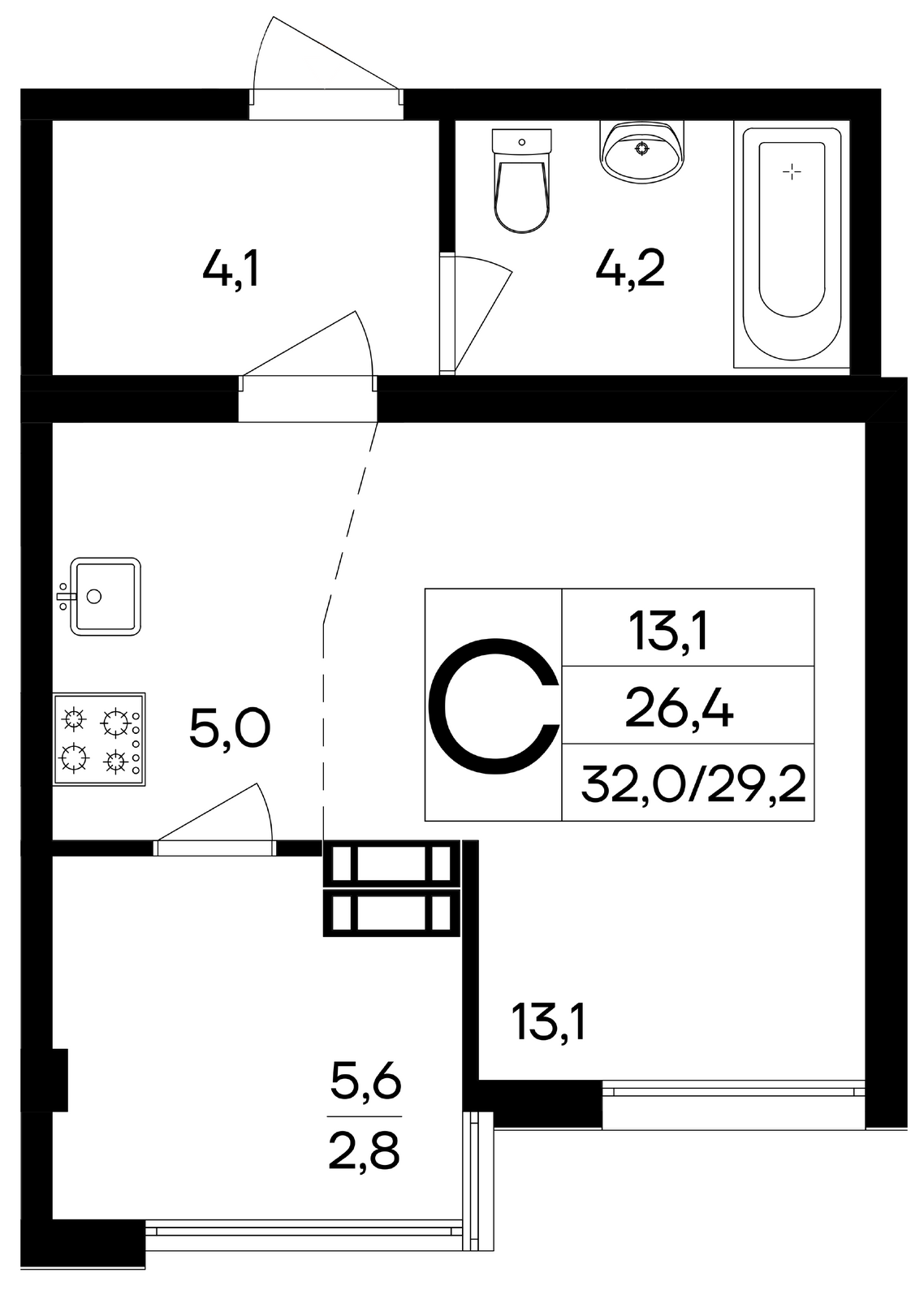 Планировка: Студия · 32 м²