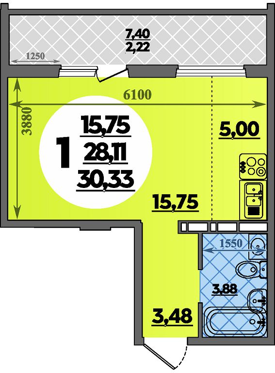 Планировка: Студия · 30,33 м²