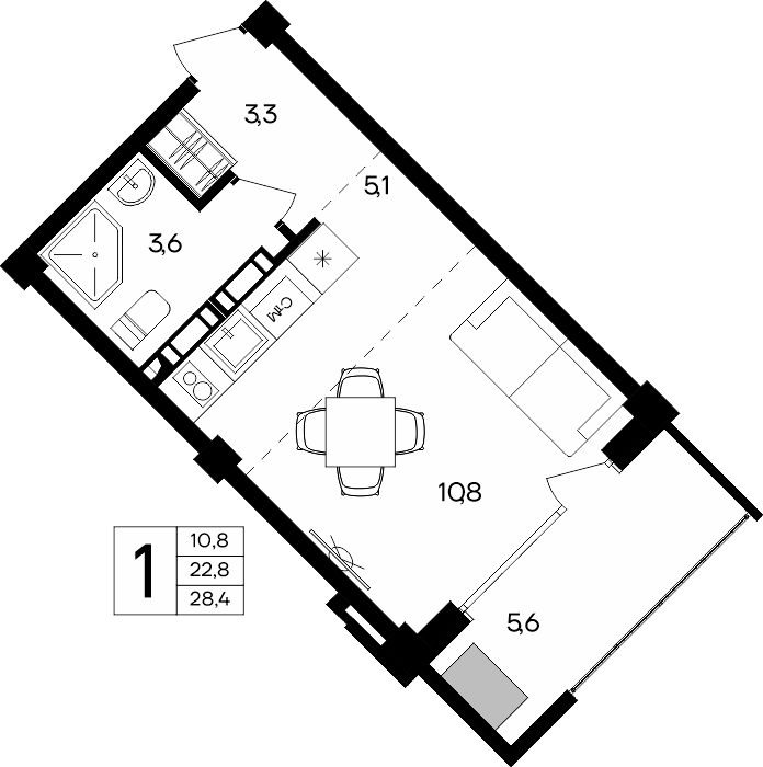 Планировка: 1-комнатная · 28,4 м²