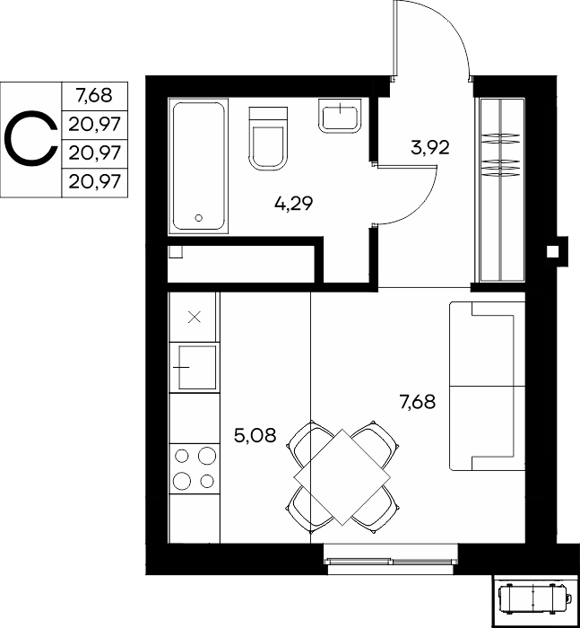 Планировка: Студия · 21,79 м²