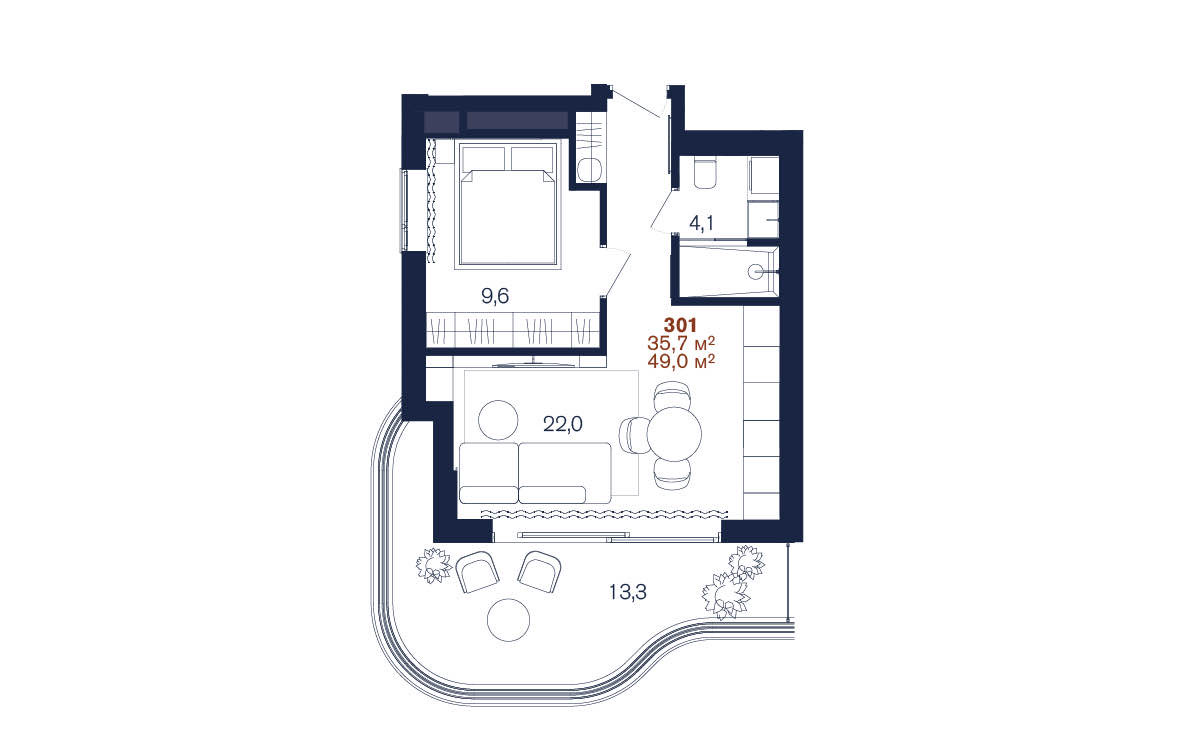 Планировка: 1-комнатная · 49 м²